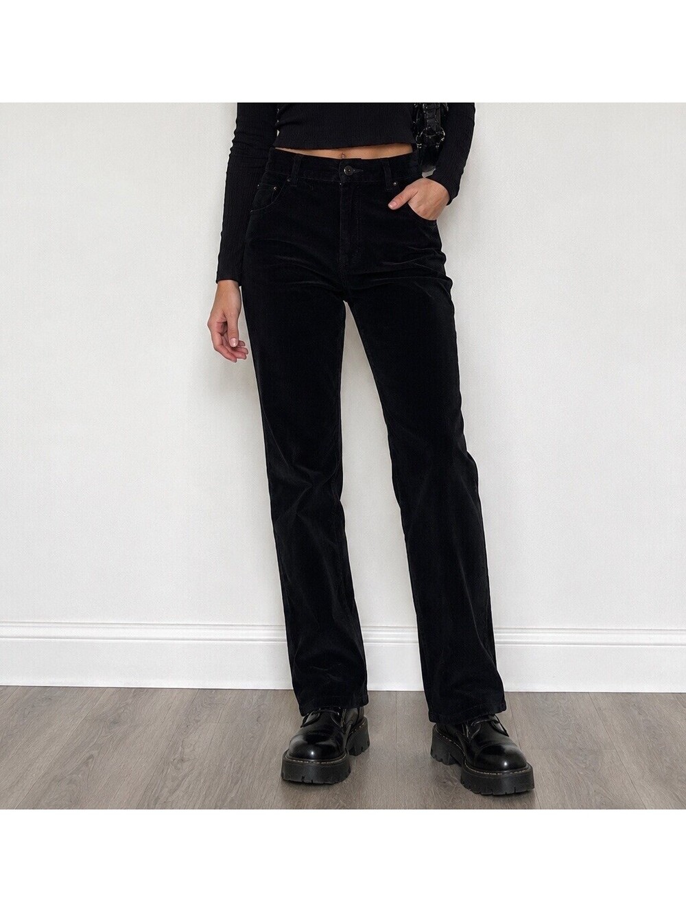 Rafaella Petites Black High Rise Straight Leg Corduroy Pants 12P Y2K Goth Grunge